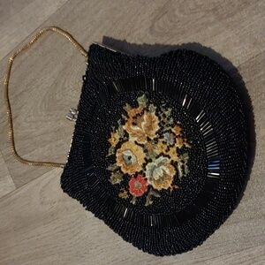 Elegant Black Floral Beaded Clutch Du-Val Hong Kong 50's
